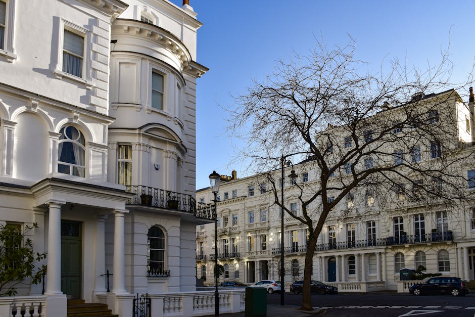 A street scene featuring elegant white Victorian-style townhouses with ornate architectural details including curved bay windows, decorative cornices, and black wrought-iron balconies. In the foreground, a leafless tree with textured, dark branches contrasts against the bright blue sky, indicating a winter or early spring setting. The street is lined with neatly parked cars, and a traditional black lamppost adds to the classic urban atmosphere. The pavement and garden beds adjacent to the buildings are well-maintained, with some greenery visible near the building entrances. The scene reflects the pristine, period-appropriate landscaping and street-level maintenance typical of Belgravia, with a focus on urban residential elegance, supported by the professional outdoor maintenance services of Gardeners Belgravia.